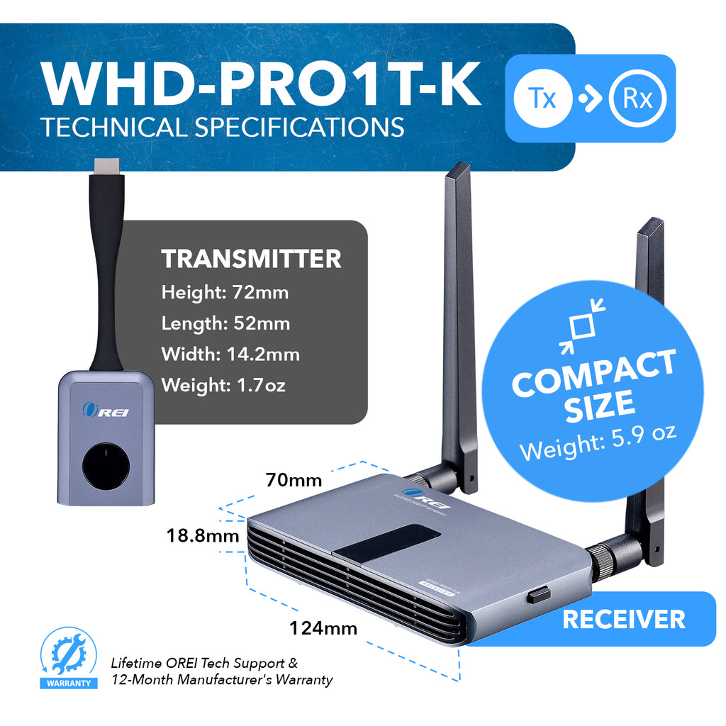 OREI 1080p Wireless Transmitter & Receiver Up To 100ft - Screen Mirroring (WHD-PRO1T-K)