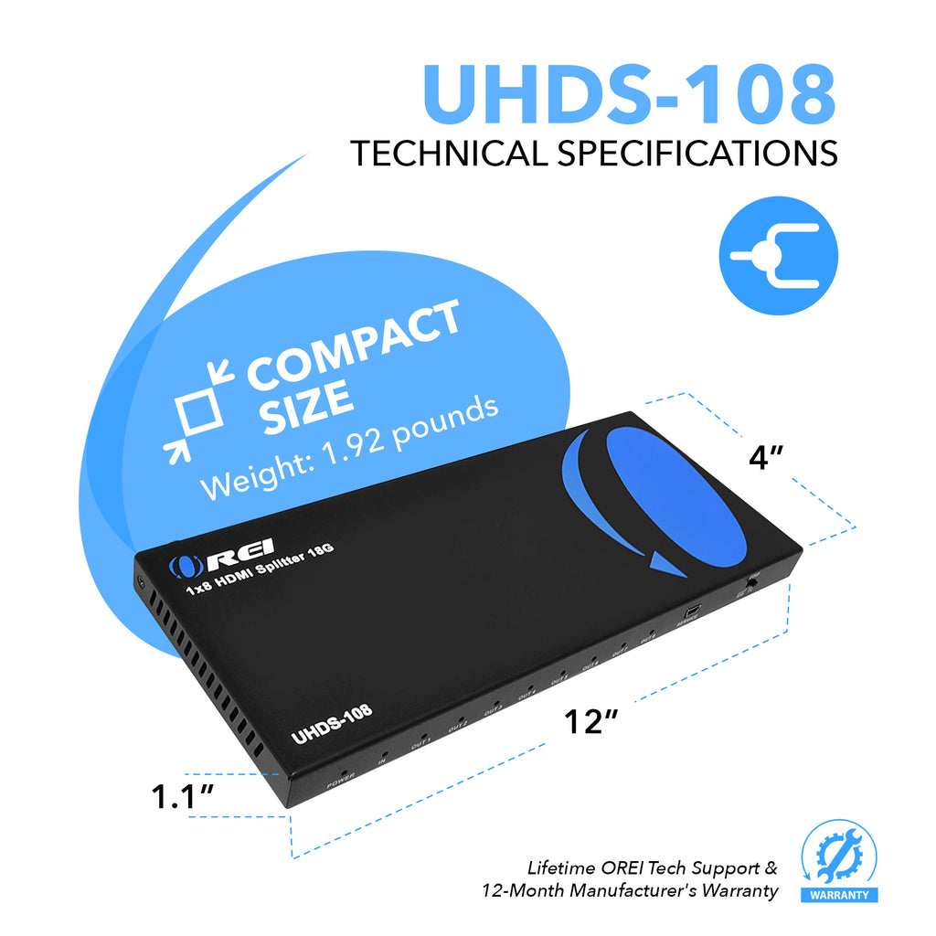 1x8 HDMI Splitter : 1-in 8-out, UltraHD 4K, EDID (UHDS-108)