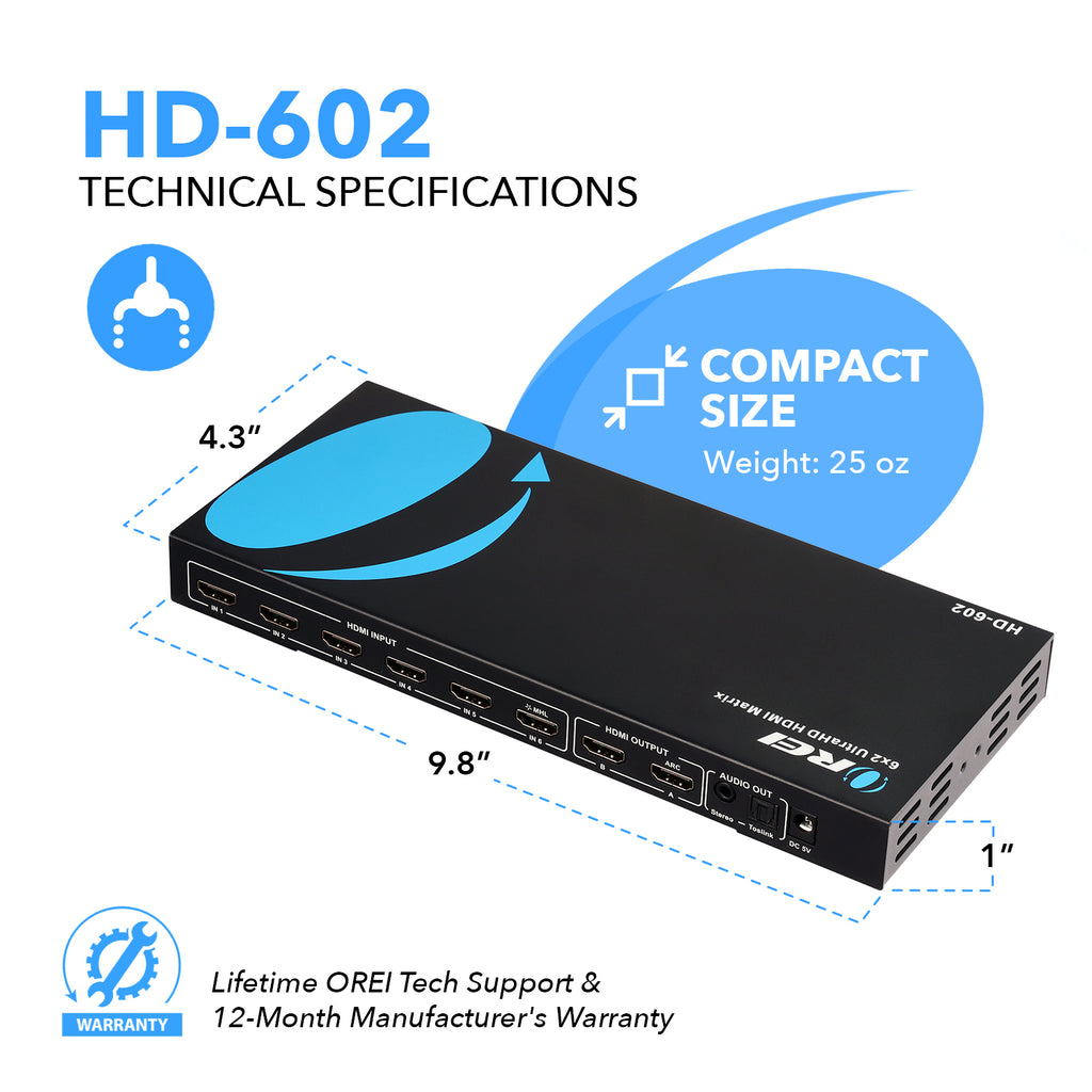 Ultra HD 6x2 HDMI Matrix Switch with ARC Support (HD-602)