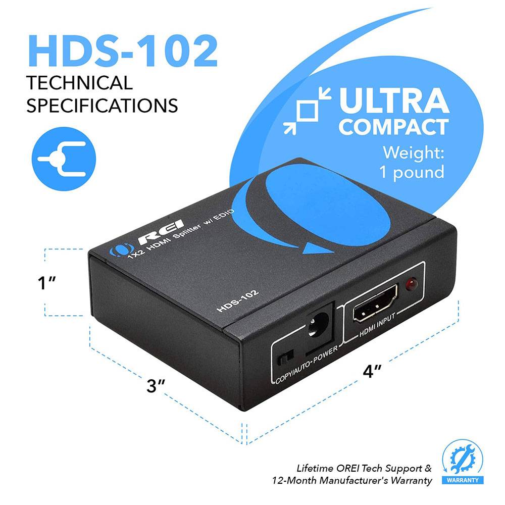 4K 1x2 HDMI Splitter: 1-in 2-out, EDID (HDS-102)