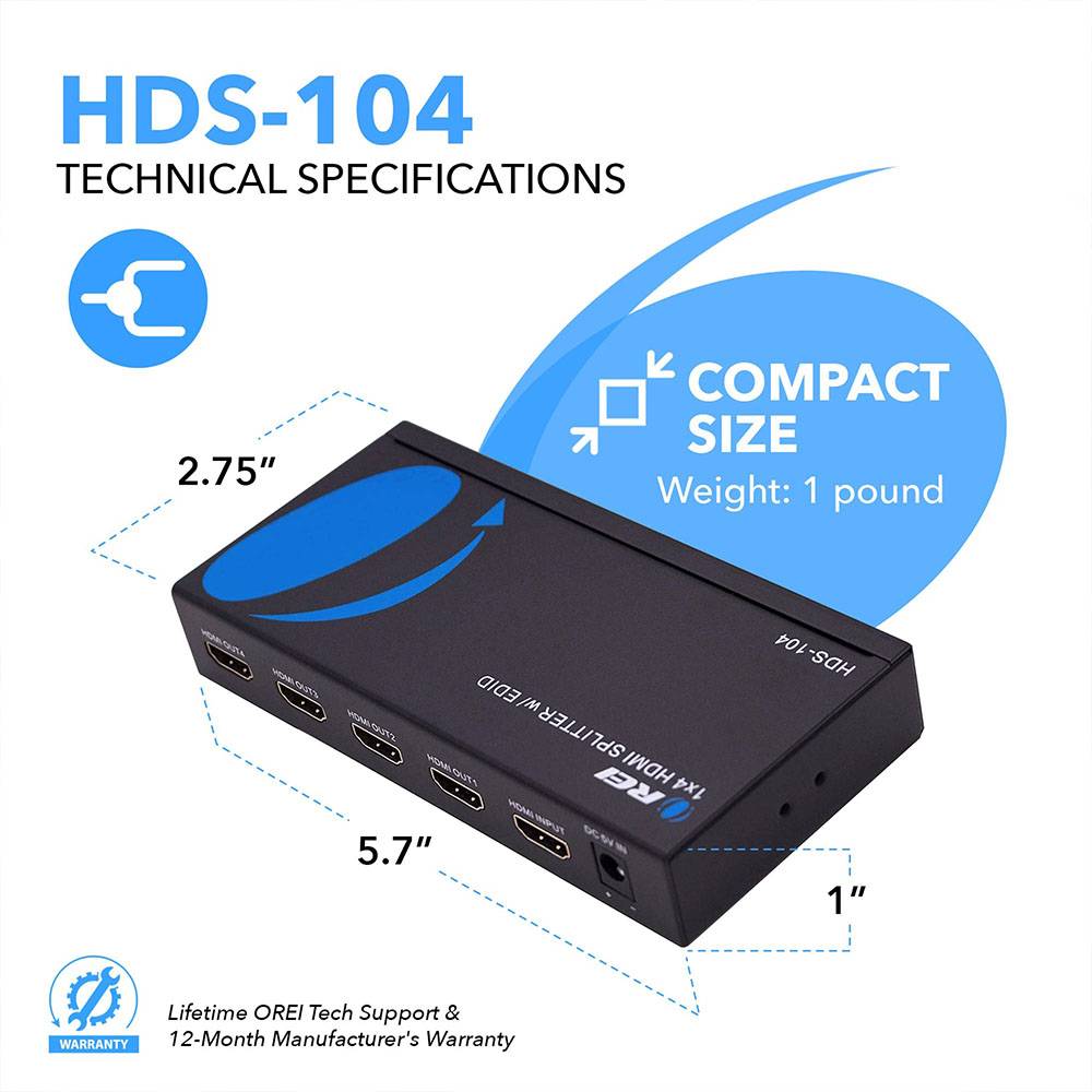 1x4 HDMI Splitter with Power Adapter : 1-in 4-out, EDID (HDS-104)