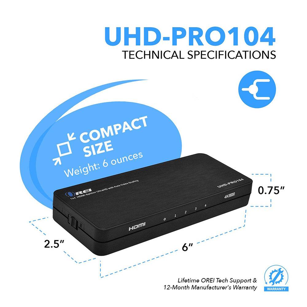 1x4 HDMI Splitter: 1-in 4-out, UltraHD 4K, Auto-Downscale, EDID (UHD-PRO104)