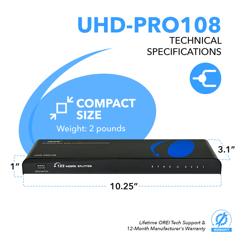 1x8 HDMI Splitter: 1-in 8-out, UltraHD 4K, Auto-Downscale, EDID (UHD-PRO108)