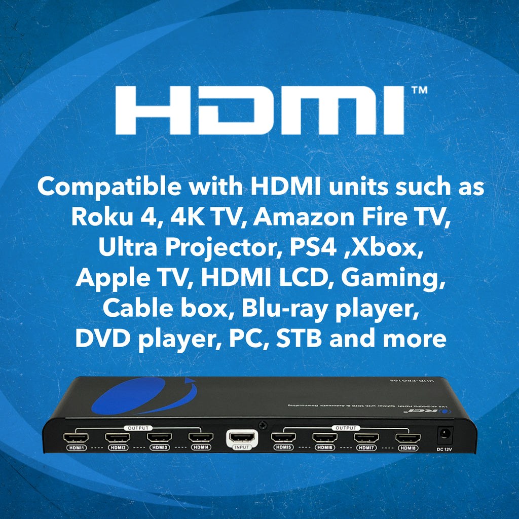 1x8 HDMI Splitter: 1-in 8-out, UltraHD 4K, Auto-Downscale, EDID (UHD-PRO108)