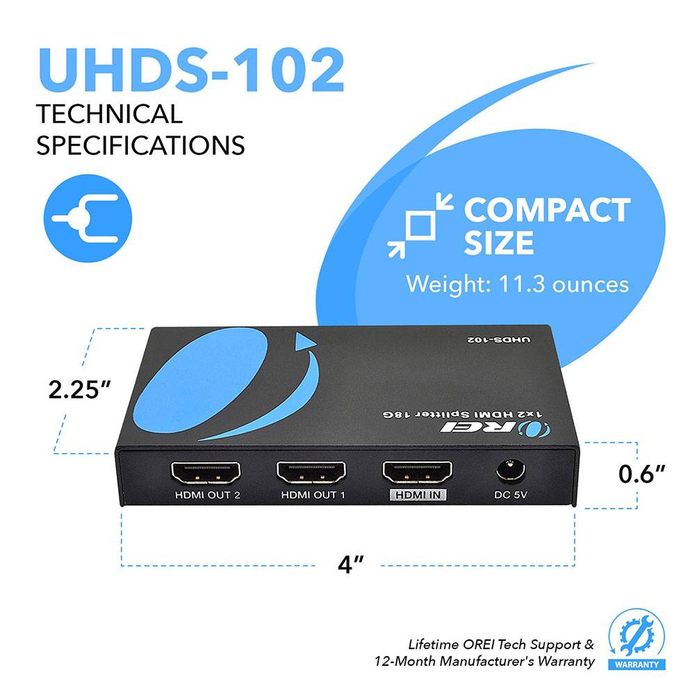 1x2 HDMI Splitter : 1-in 2-out, UltraHD 4K, EDID (UHDS-102)
