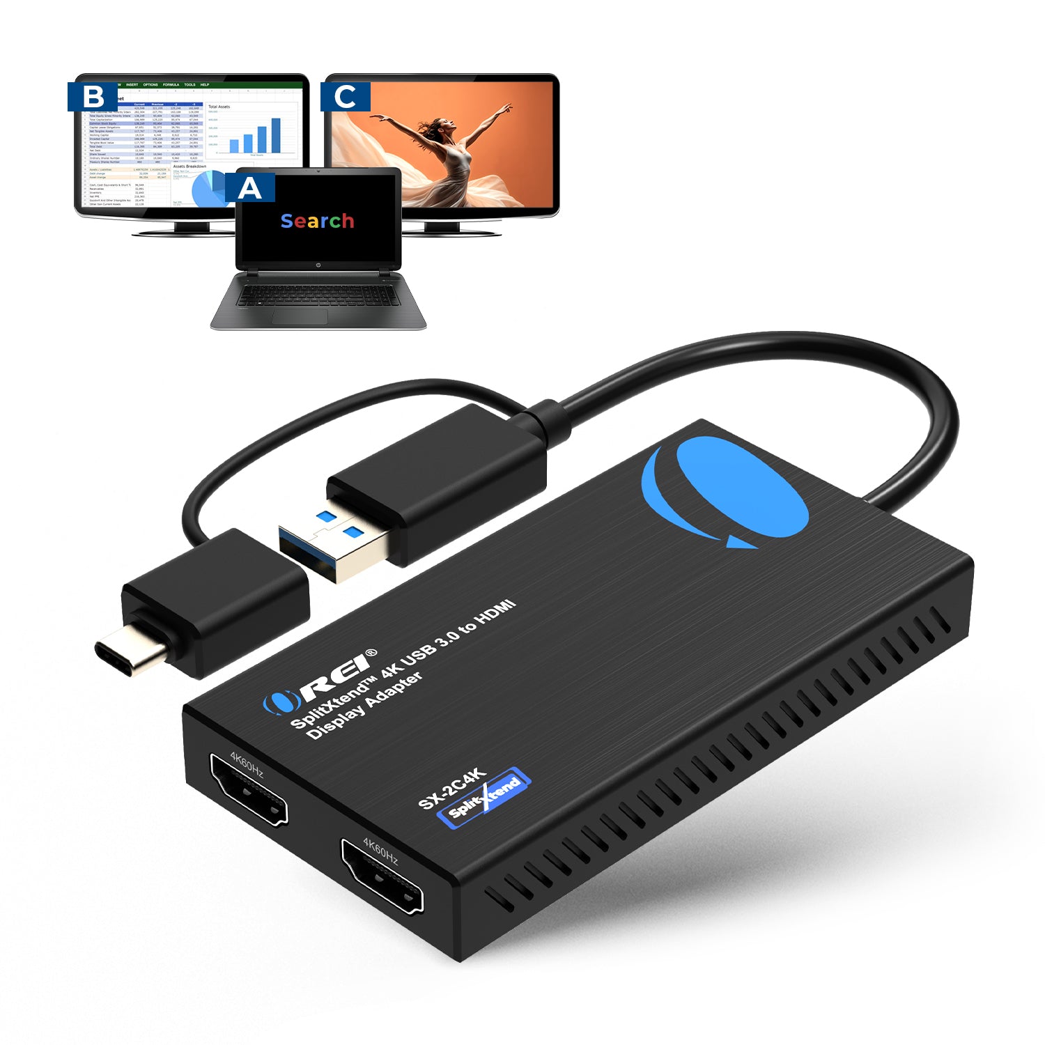 OREI SplitXtend 4K USB 3.0 to HDMI Display Adapter with 90W PD - Thumbnail 2