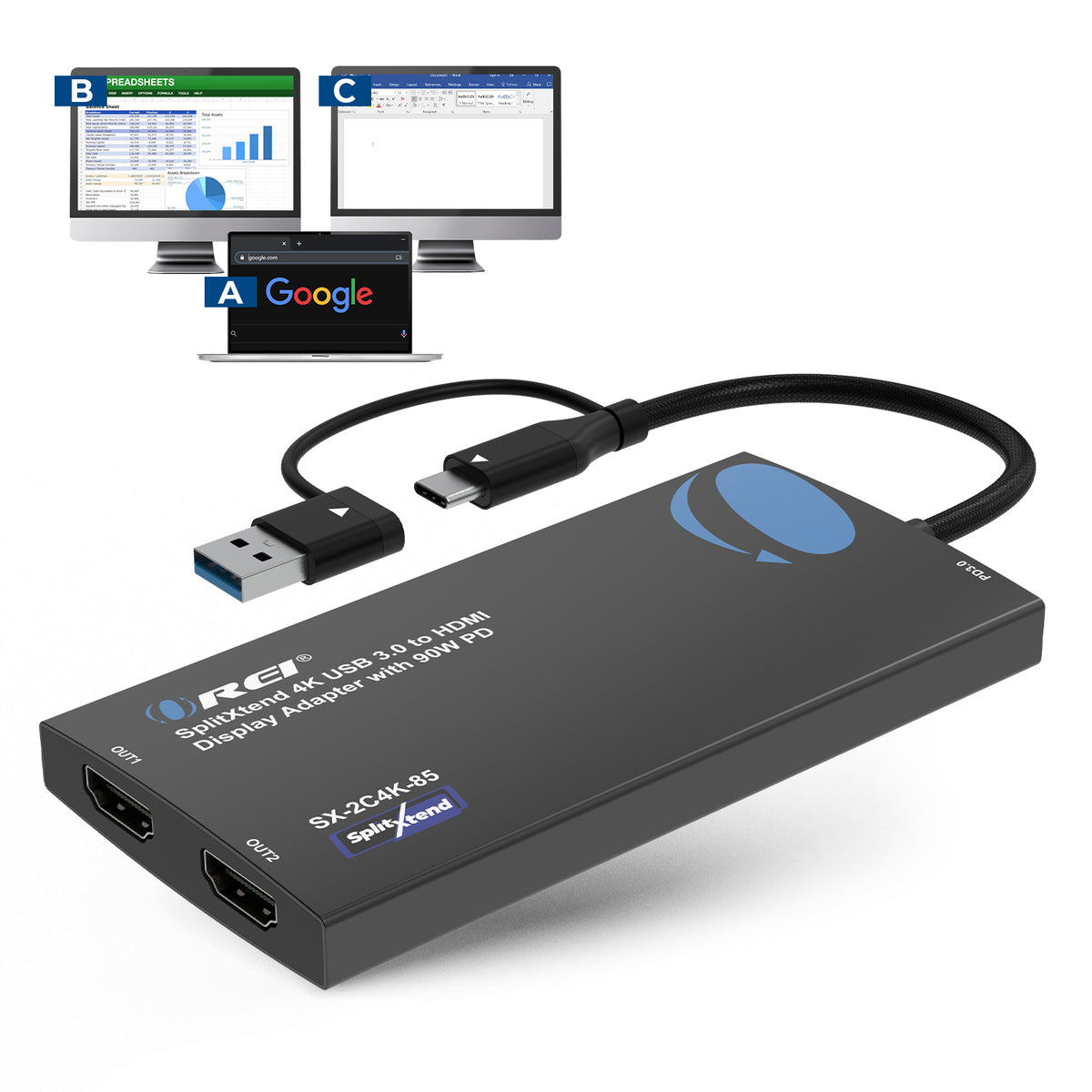 SplitXtend 4K USB 3.0 to HDMI Display Adapter with 90W PD (SX-2C4K-85 ...