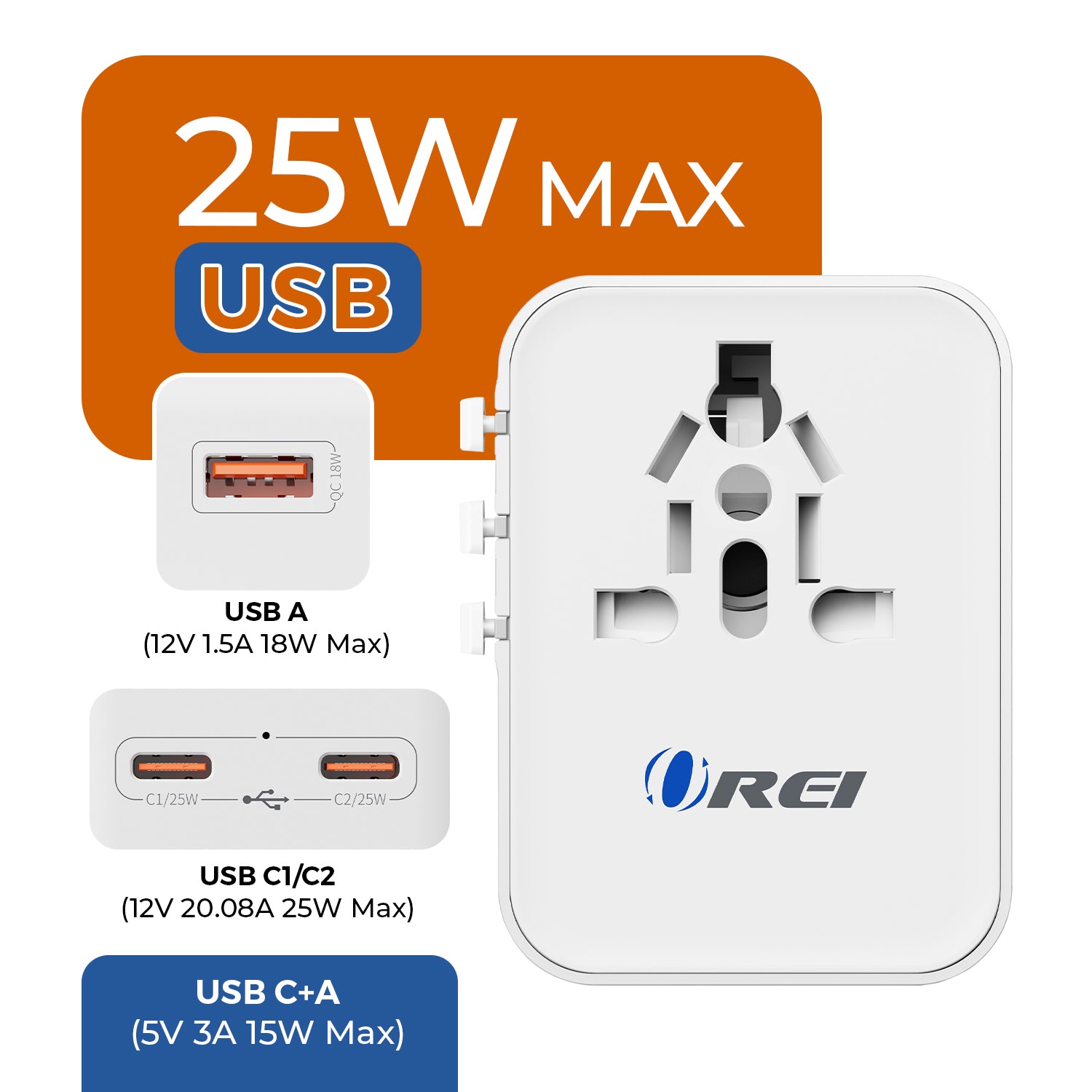 OREI 25W Universal Travel Adapter 4-in-1 Fast Charging with USB-C & USB-A - Thumbnail 4