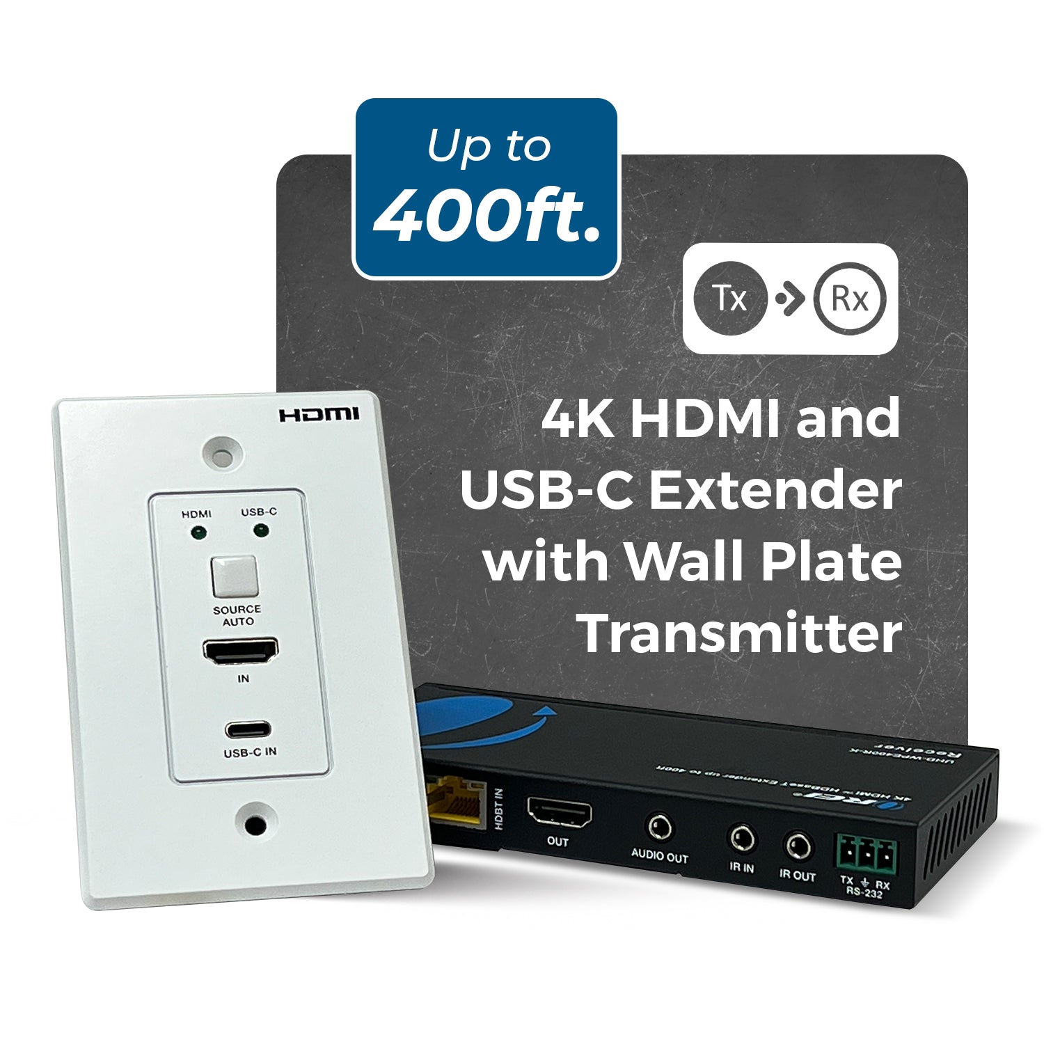 4K HDBaseT HDMI & USB-C Extender with Wall Plate (TX) - 400ft over Cat 6/7 - Thumbnail 3