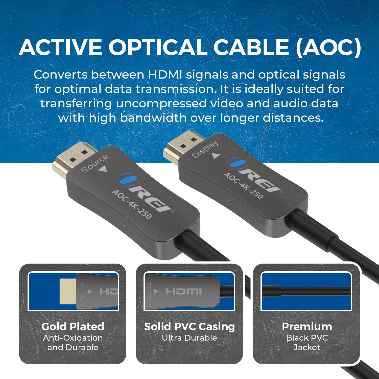OREI 250ft Fiber Optic HDMI 2.0 Cable 4K 60Hz HDR High Speed (AOC