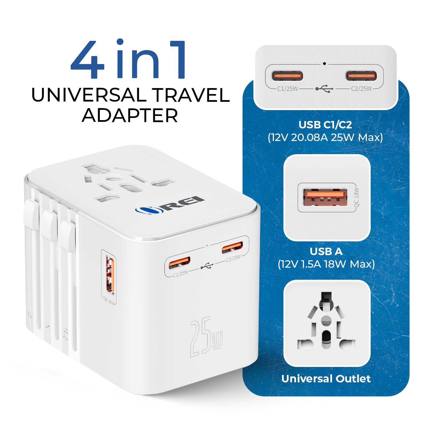 OREI 25W Universal Travel Adapter 4-in-1 Fast Charging with USB-C & USB-A - Thumbnail 2
