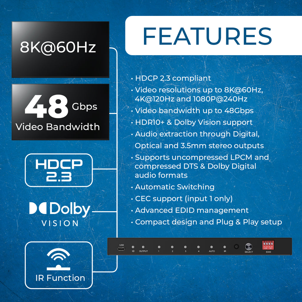 8K 4-port HDMI™ Switch (Audio Extract) (BK-41A)