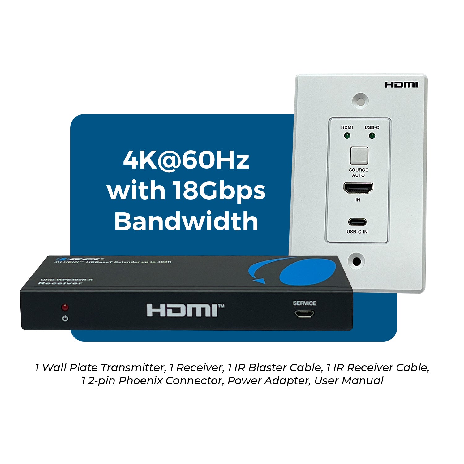 4K HDBaseT HDMI & USB-C Extender with Wall Plate (TX) - 400ft over Cat 6/7 - Thumbnail 2