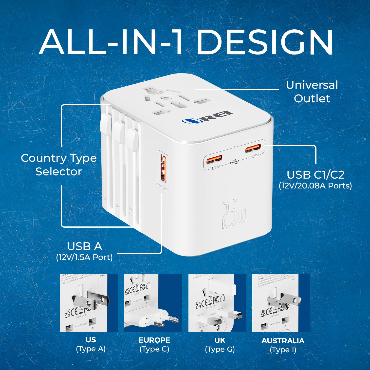 OREI 25W Universal Travel Adapter 4-in-1 Fast Charging with USB-C & USB-A - Thumbnail 3