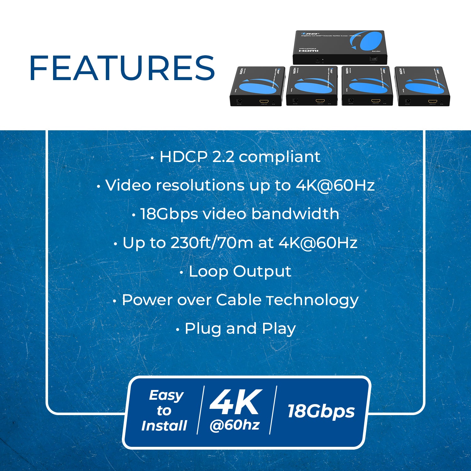 キャッチングコンセプト　Lil Hermie1 4K@60Hz 1x4 HDMI™ Extender Splitter (Loop) - 230ft (Cat6