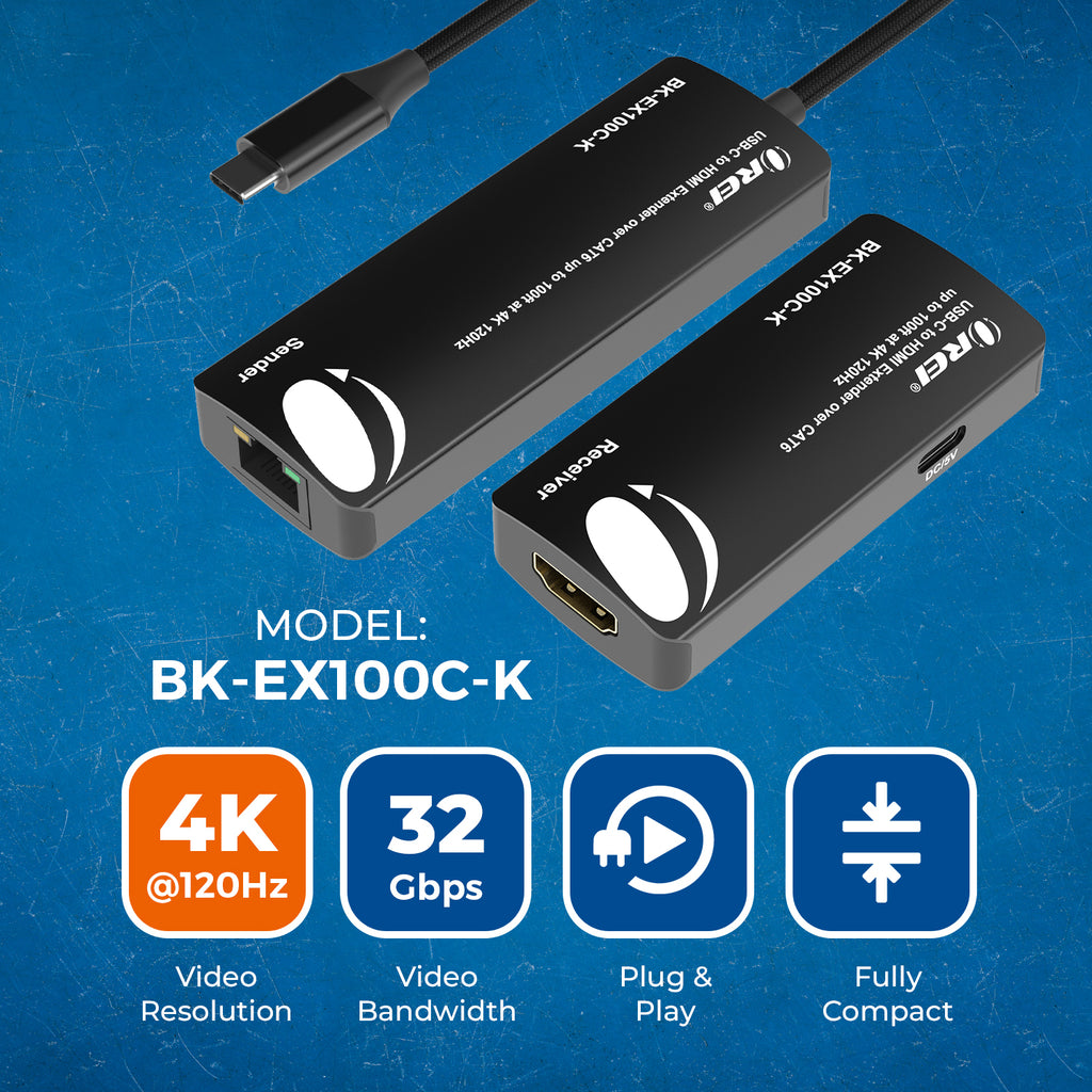 4K@120hz USB-C to HDMI™ Extender - 100ft (cat6)-BK-EX100C-K
