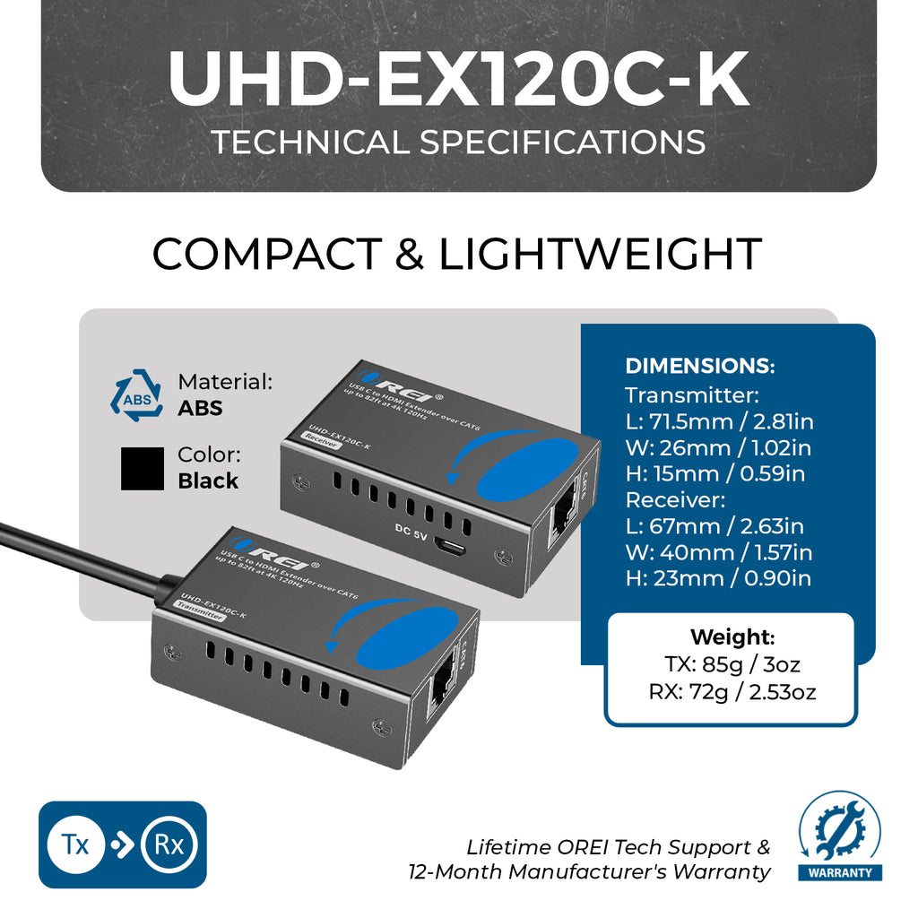 4K@120Hz HDMI Extender Over Cat6 with USB C Upto 82 Feet (UHD-EX120C-K)