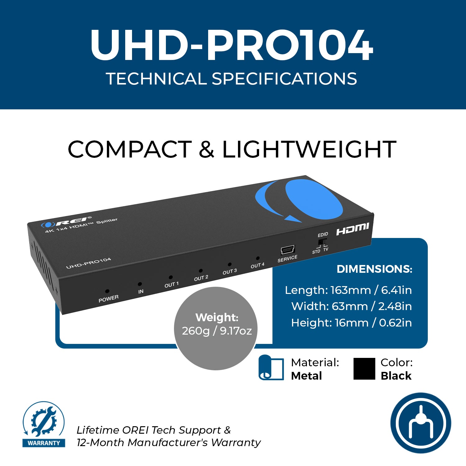 1x4 HDMI Splitter, UltraHD 4K, Auto-Downscale, EDID – OREI.COM