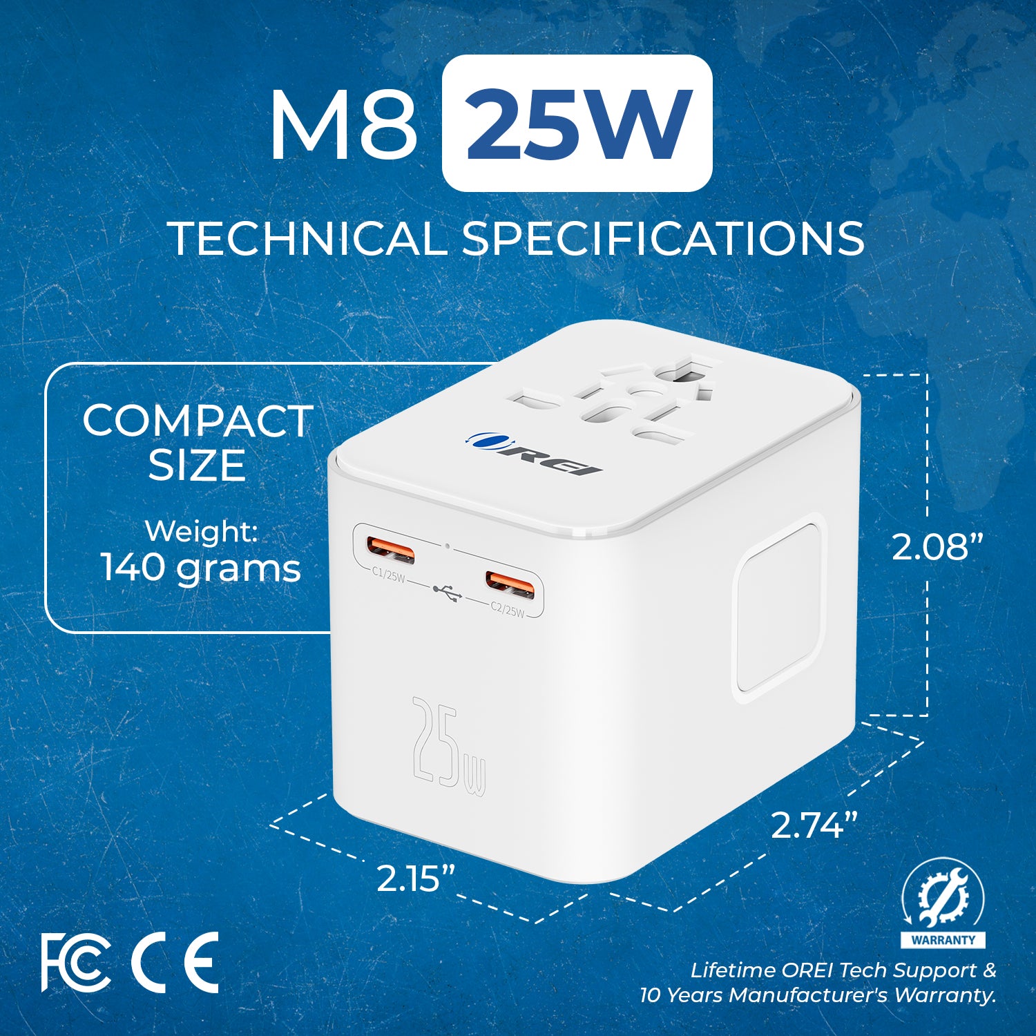 OREI 25W Universal Travel Adapter 4-in-1 Fast Charging with USB-C & USB-A - Thumbnail 5