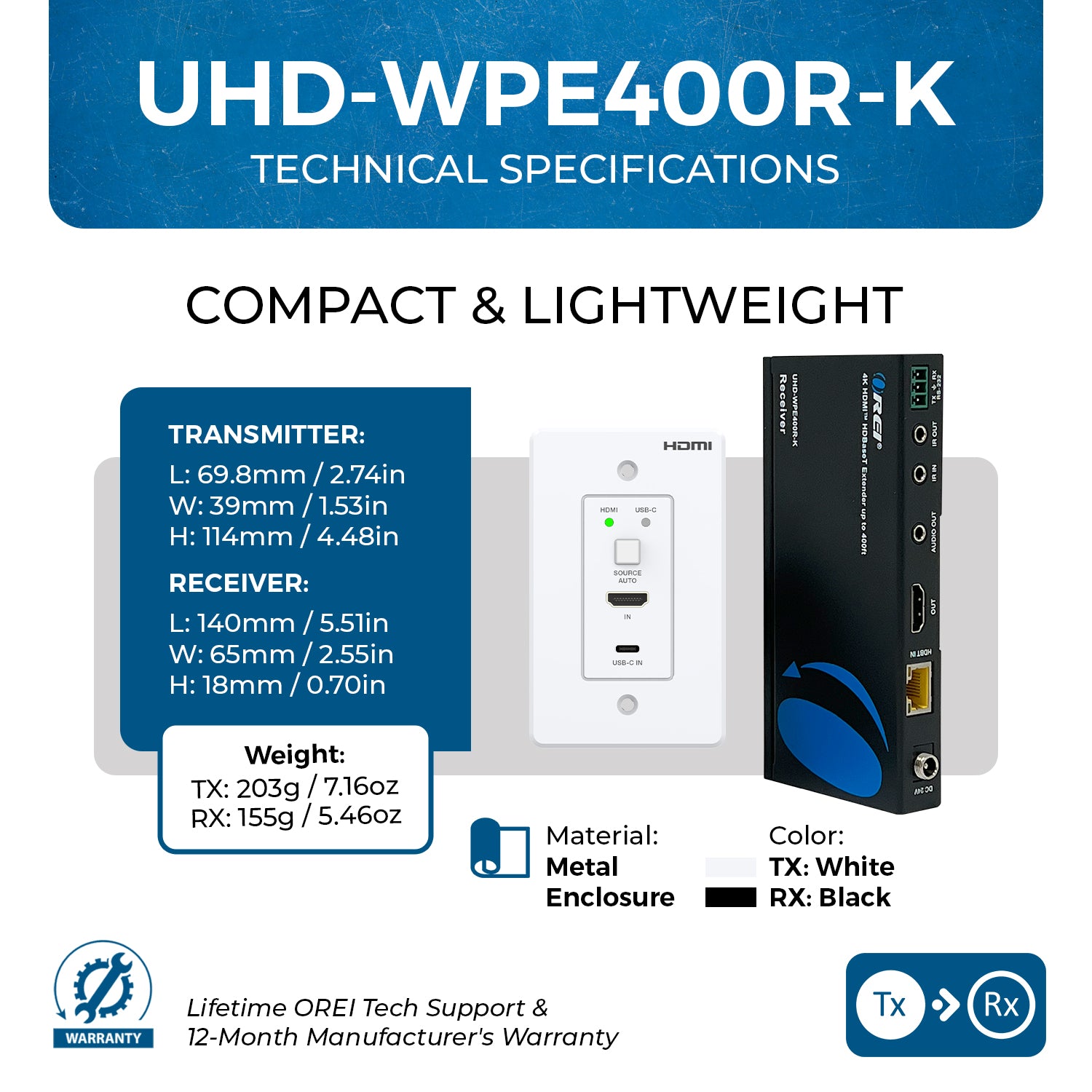 4K HDBaseT HDMI & USB-C Extender with Wall Plate (TX) - 400ft over Cat 6/7 - Thumbnail 4