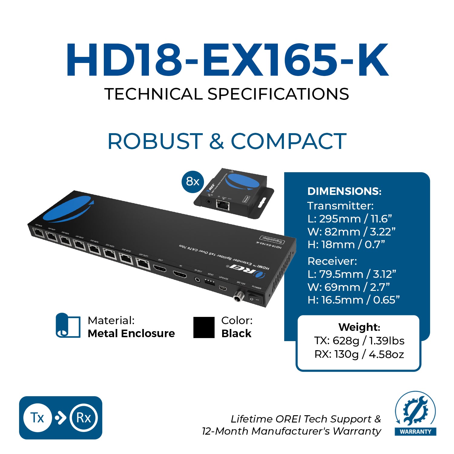 1x8 HDMI Extender Splitter Over CAT6/7, Upto 165 Ft – OREI.COM