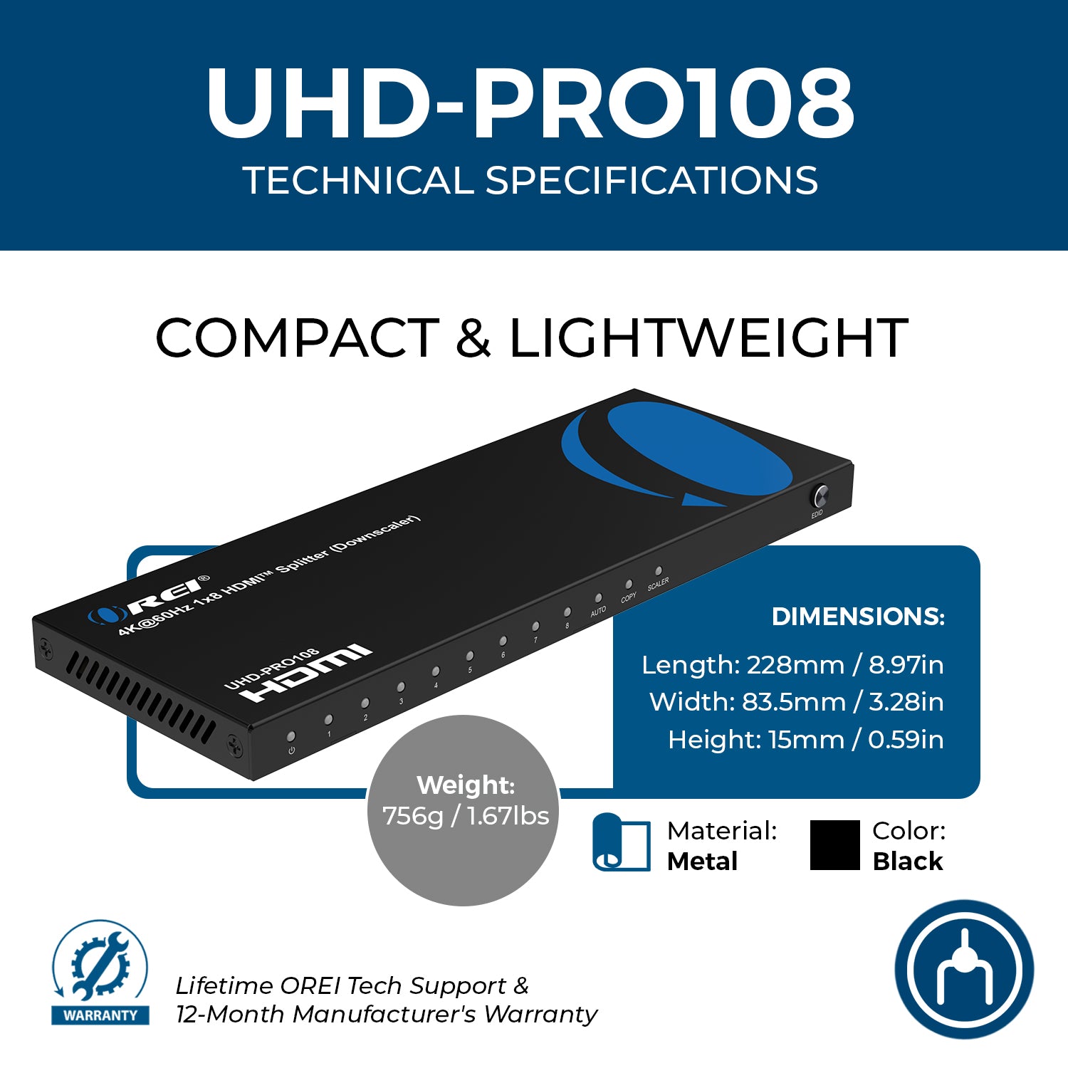 あいり 4K@60Hz 1x8 HDMI Splitter (Downscaler) UHD-PRO108 – OREI.COM