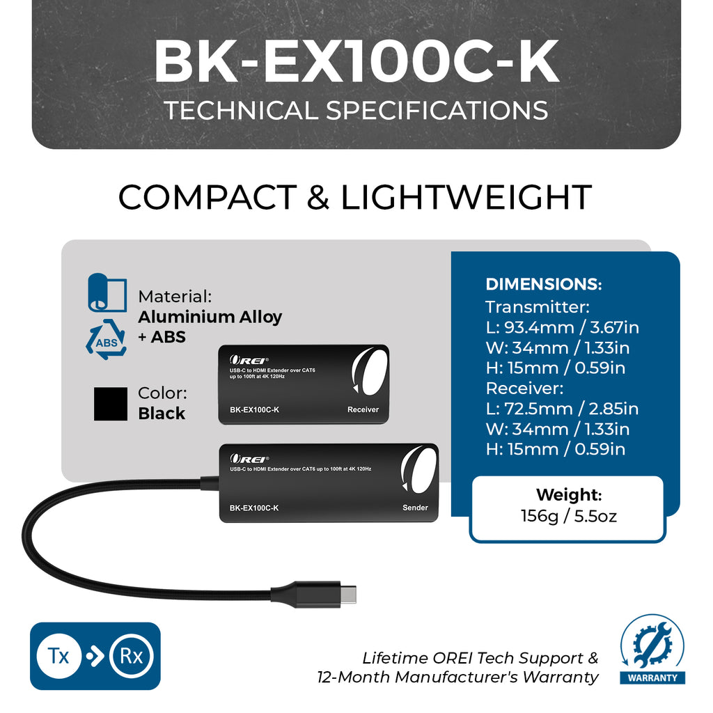 4K@120hz USB-C to HDMI™ Extender - 100ft (cat6)-BK-EX100C-K