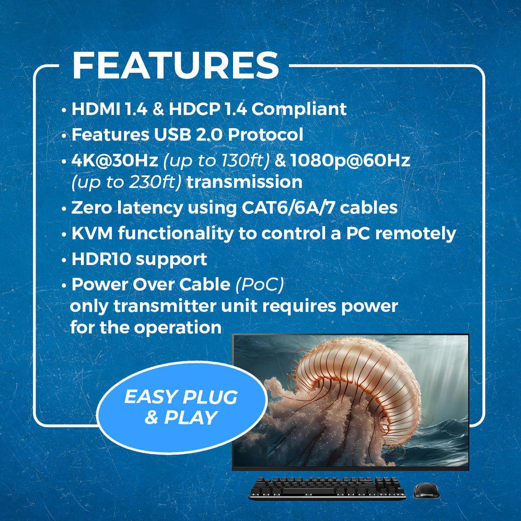 4K HDMI Extender Over CAT6/7 with KVM & HDMI Loop-out 4K@30Hz Up to 130 Ft (EX-230PRO-KVM)