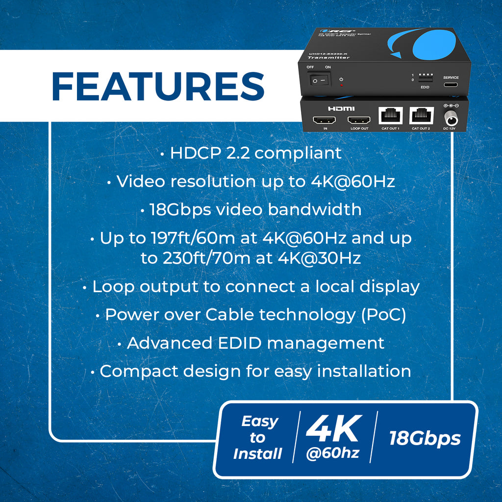 4K@60hz 1x2  HDMI™ Extender Splitter (IR) - 230ft (Cat6) - (UHD12-EX230-K)