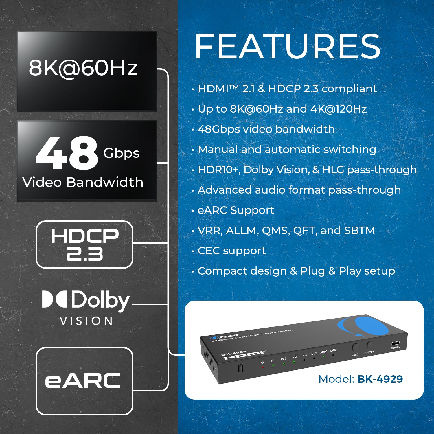 OREI BK-4929 4ポート eARC オーディオエクスラクター 8K@60Hz 4-port HDMI™ Switch (eARC) (BK-4929) – OREI.COM