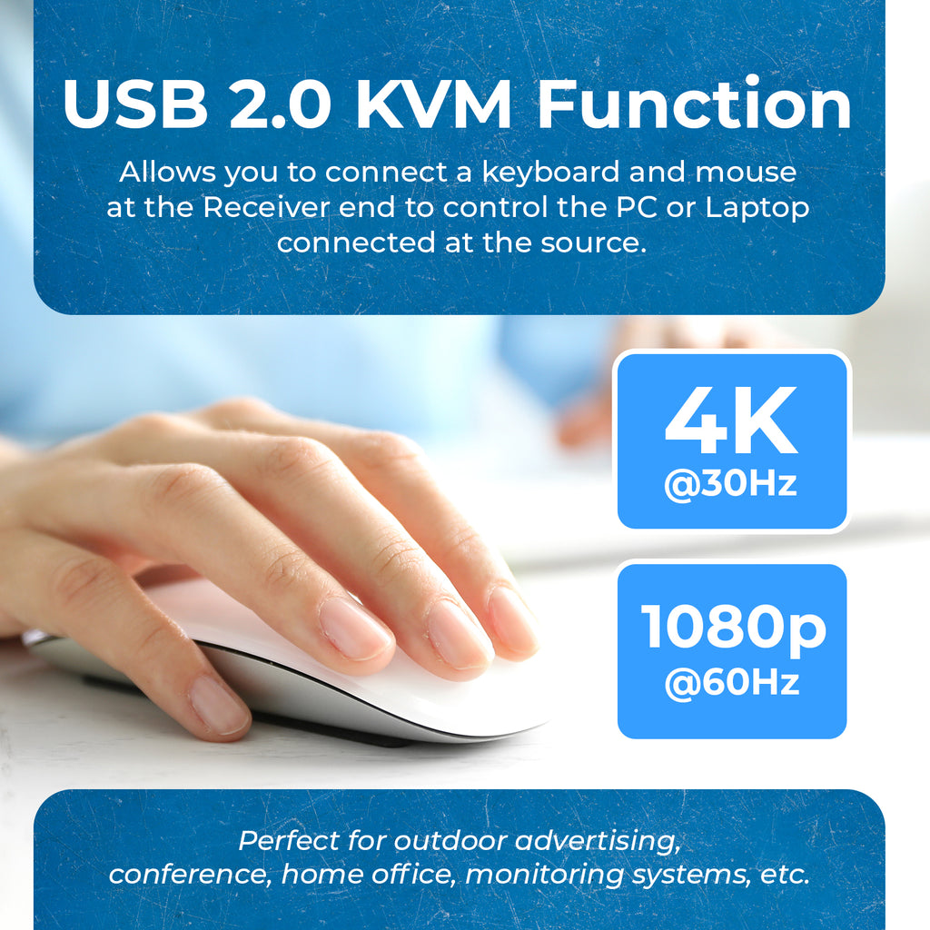 4K HDMI Extender Over CAT6/7 with KVM & HDMI Loop-out 4K@30Hz Up to 130 Ft (EX-230PRO-KVM)