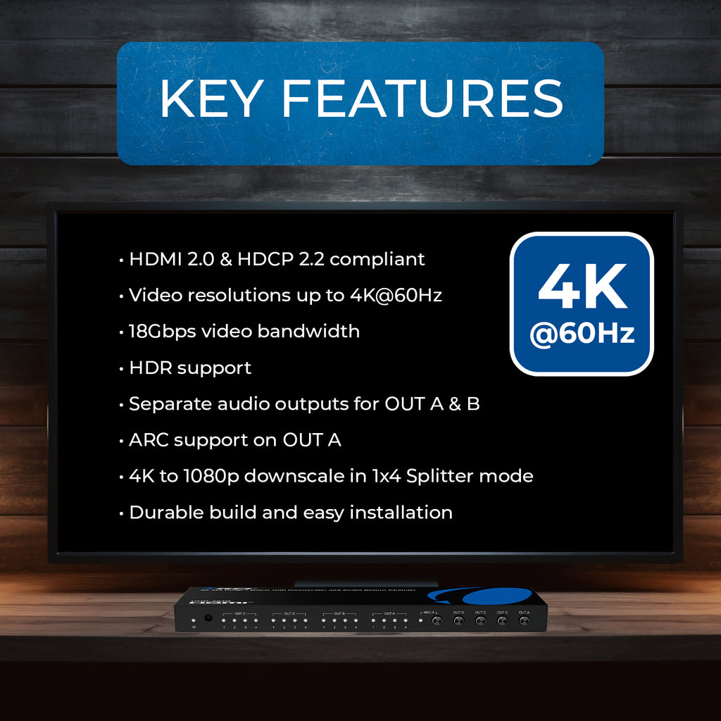 4K@60Hz 4x4 HDMI Matrix with RS-232 and Downscale (UHD-404R)