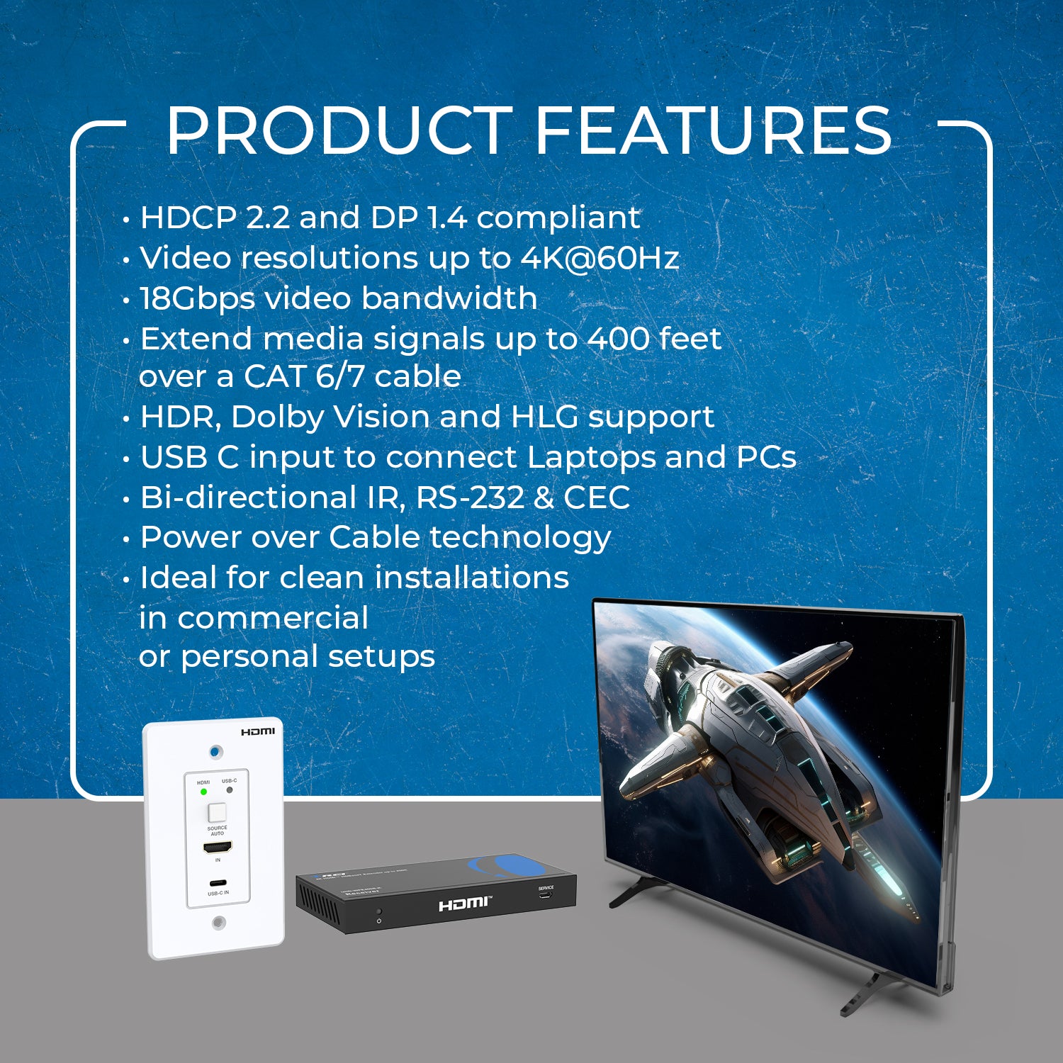 4K HDBaseT HDMI™ & USB-C Extender with Wall Plate (TX) - 400ft