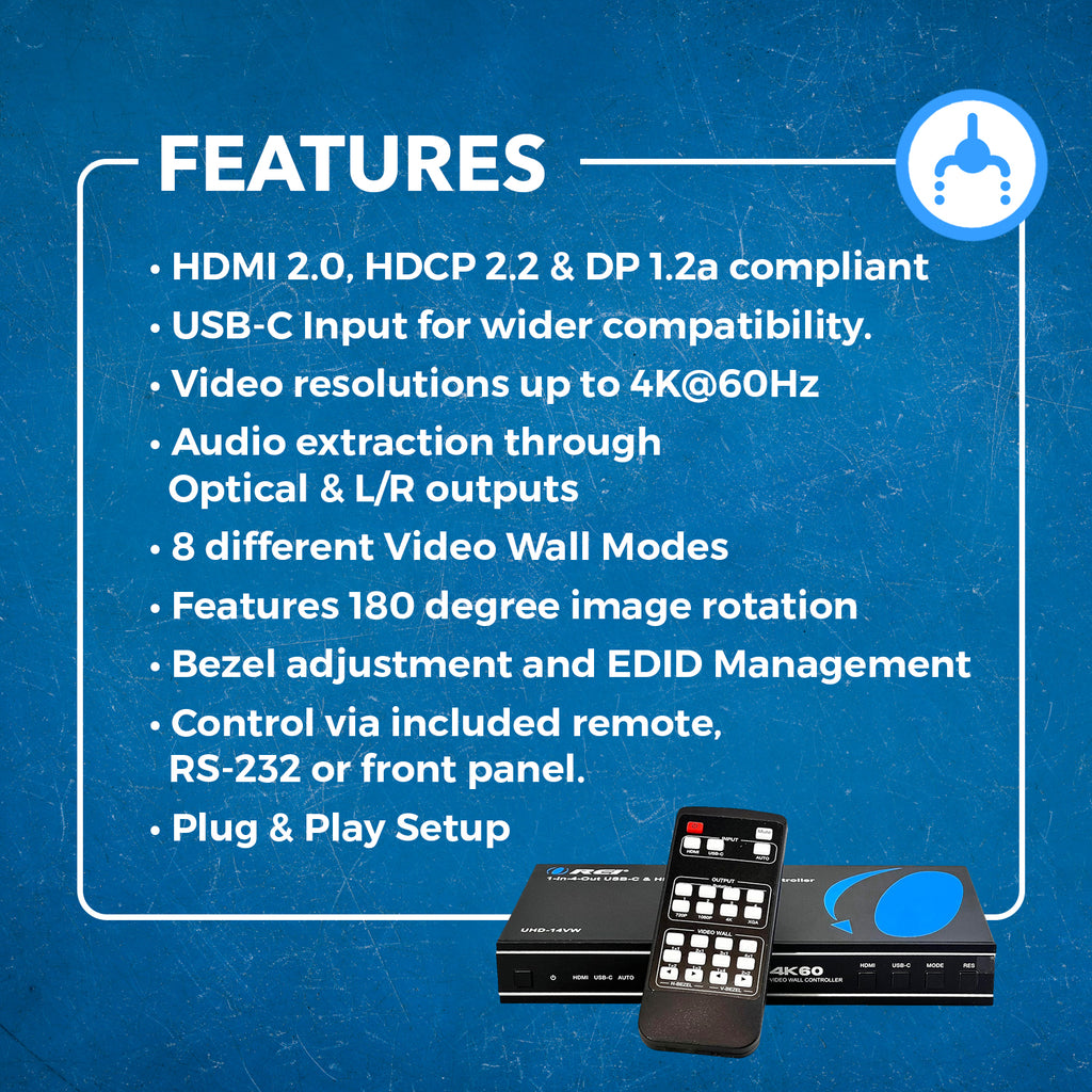 4K 1-In-4-Out USB-C & HDMI™ Video Wall Controller (Audio Extract)-UHD-14VW