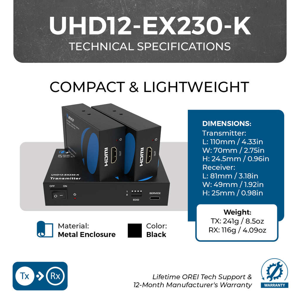 4K@60hz 1x2  HDMI™ Extender Splitter (IR) - 230ft (Cat6) - (UHD12-EX230-K)