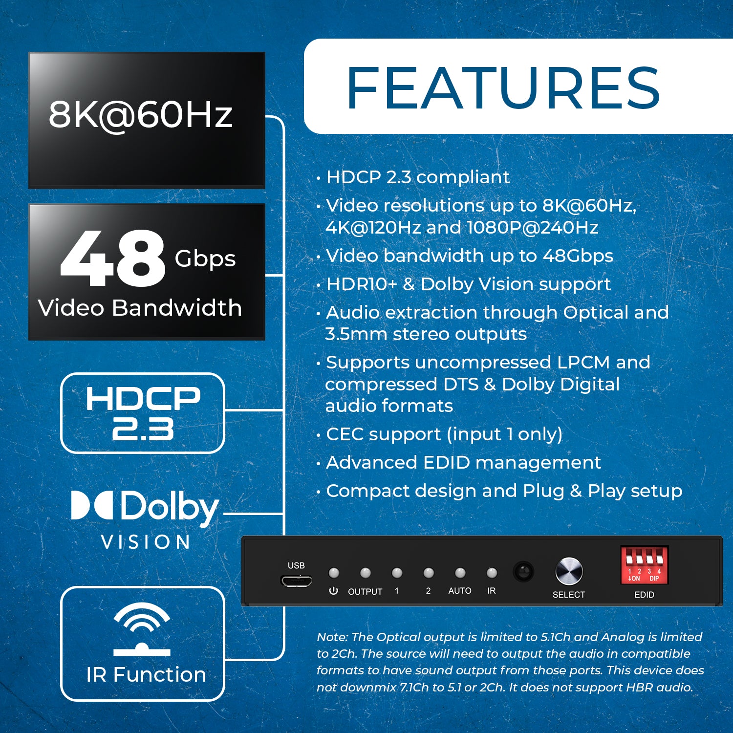 8K 2-port HDMI™ Switch (Audio Extract) (BK-21AC) – OREI.COM