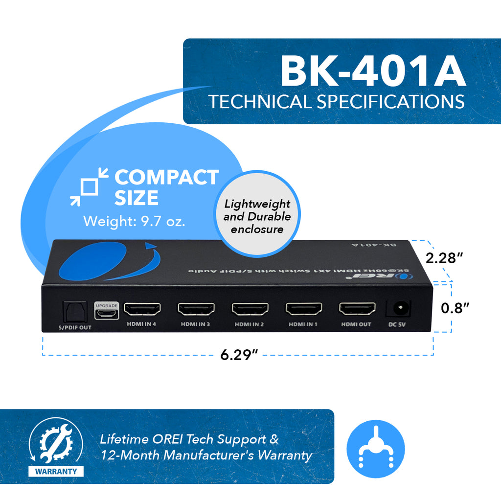 8K 4x1 HDMI Switcher with ARC/eARC (BK-401A)