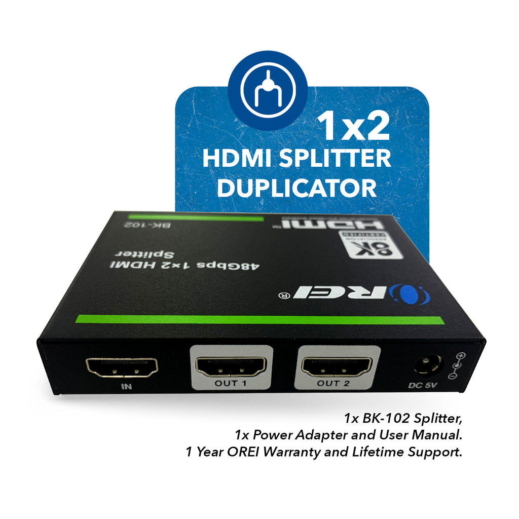 1x2 HDMI Splitter W/ Audio Out: 1-In 2-Out, UltraHD 8K, EDID (BK-102)