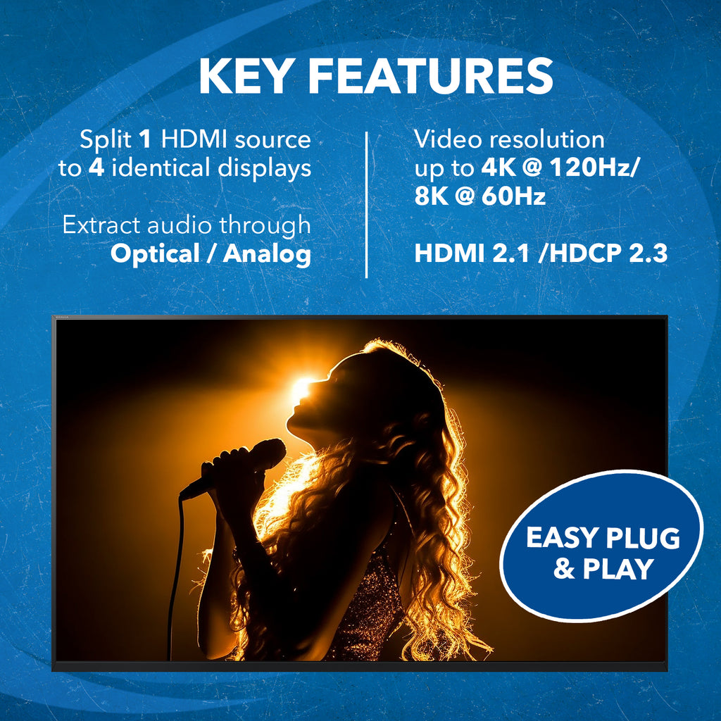 8K 1x4 HDMI™ Splitter (Downscaler, Audio Extract)-BK-104A