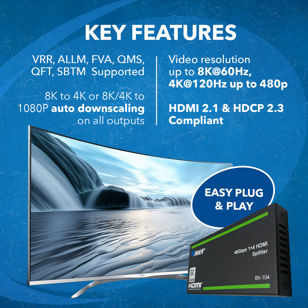 1x4 HDMI Splitter W/ Audio Out: 1-In 4-Out, UltraHD 8K, EDID (BK-104)