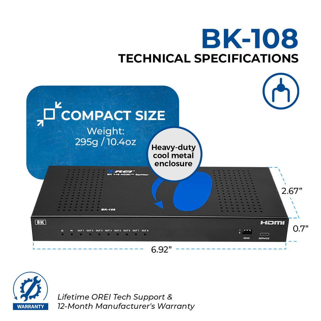 8K 1x8 HDMI Splitter With HDR10+, Downscaler & EDID management (BK-108)
