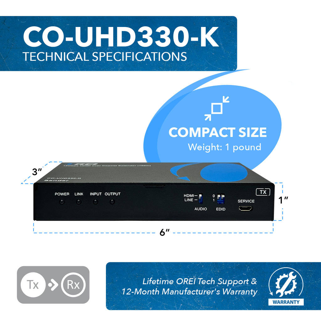 4K HDMI Over Coaxial Extender up to 330 Feet - 4K@60Hz Over 75 Ohm RG-6 Copper Coaxial Cable - Bidirectional IR Control, Audio Out (CO-UHD330-K)