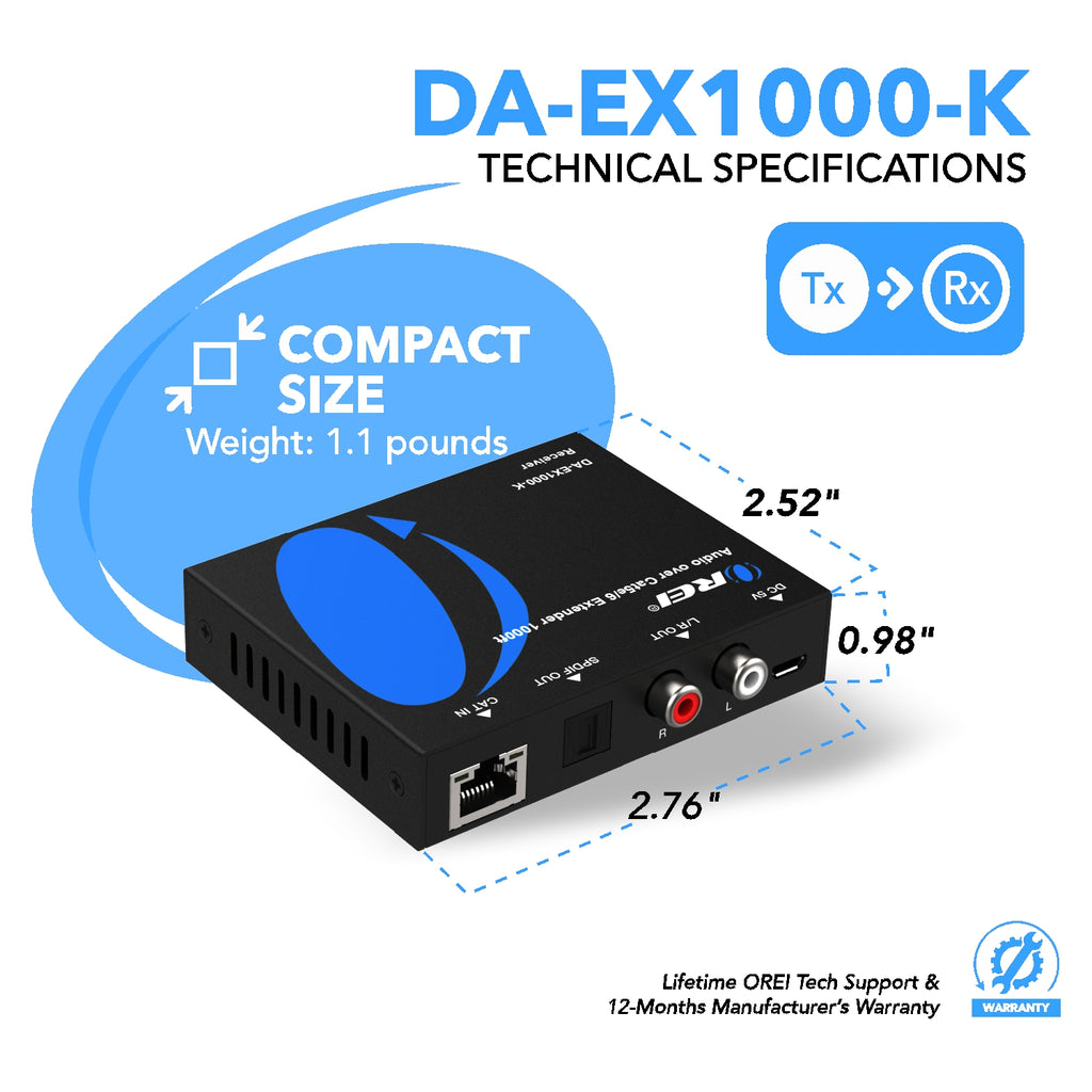 Digital Audio Over CAT5 Extender Upto 1000 Feet - Extend Digital Optical Coxial Toslink Signal Over LAN Ethernet PoC for Long Distance Extension (DA-EX1000-K)