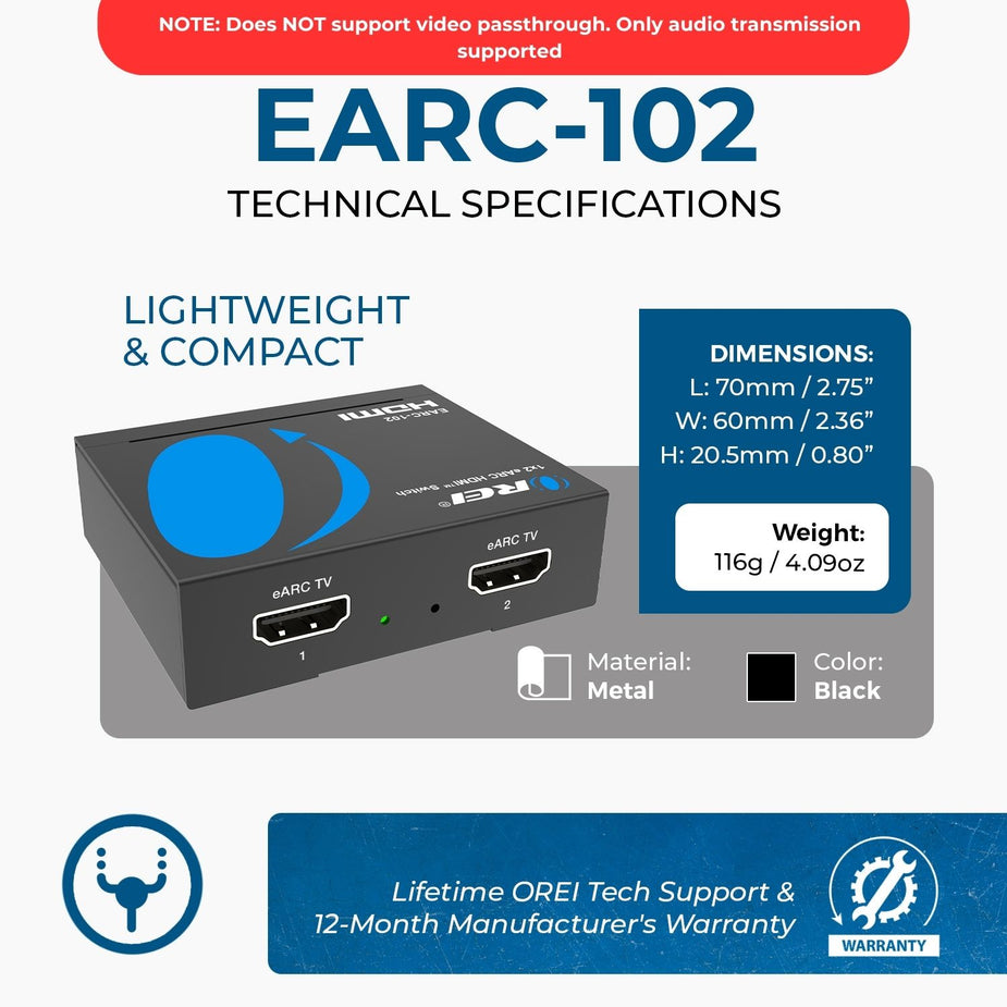 1x2 eARC HDMI™ Switch (EARC-102) – OREI.COM
