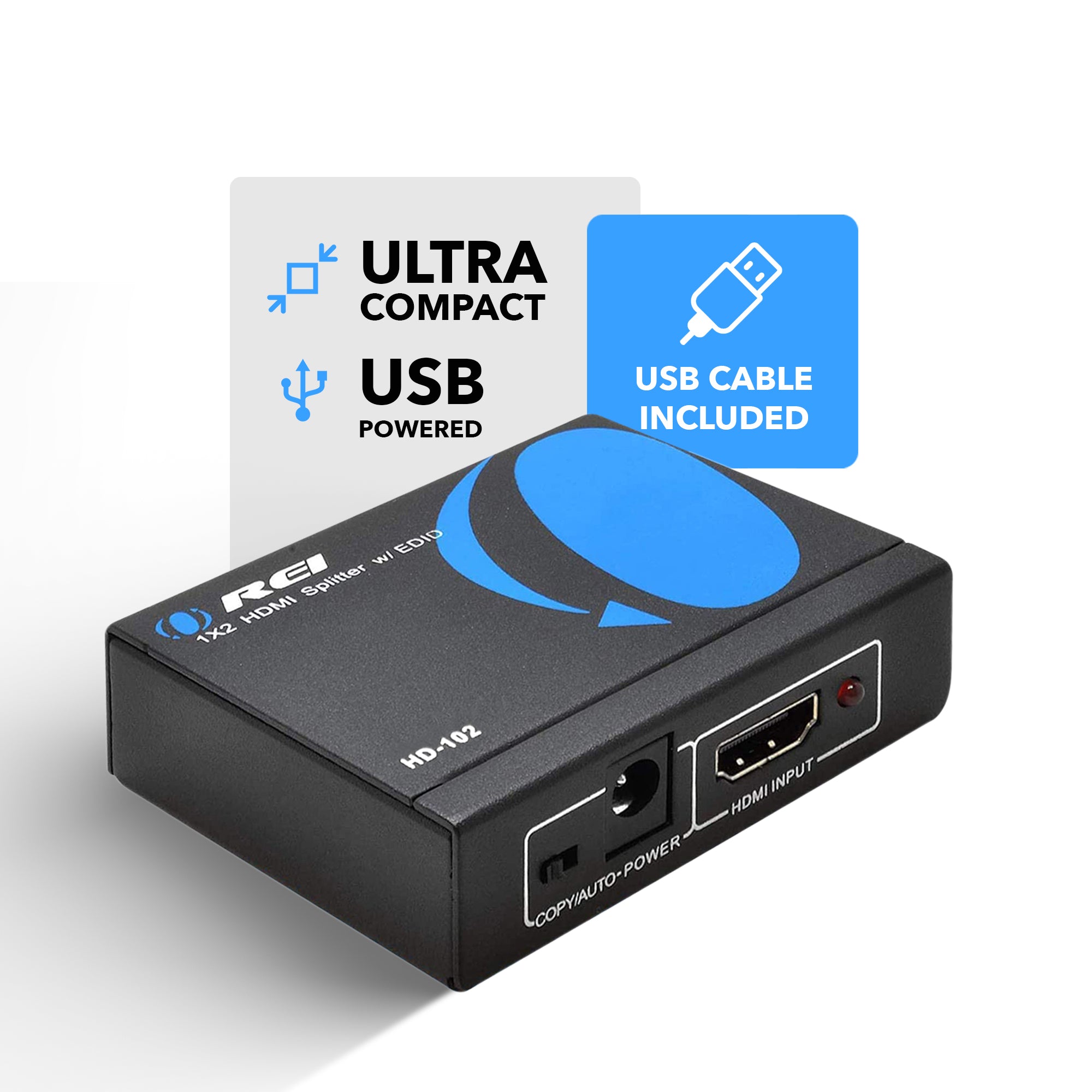 1x2 HDMI Splitter: 1-in 2-out, USB Powered, EDID, 3D Support (HD-102)