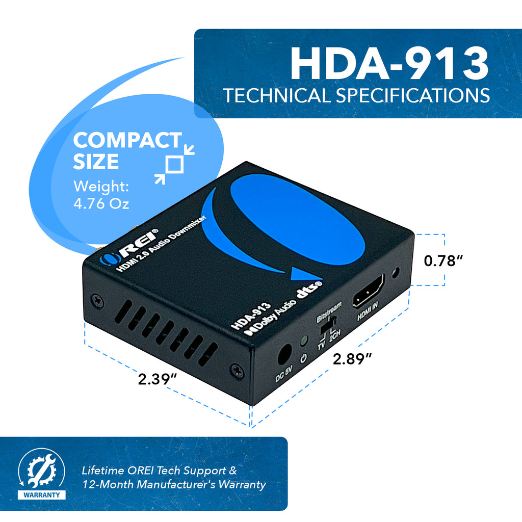OREI HDMI 18Gbps Audio Extractor with Audio Downmix (HDA-913)