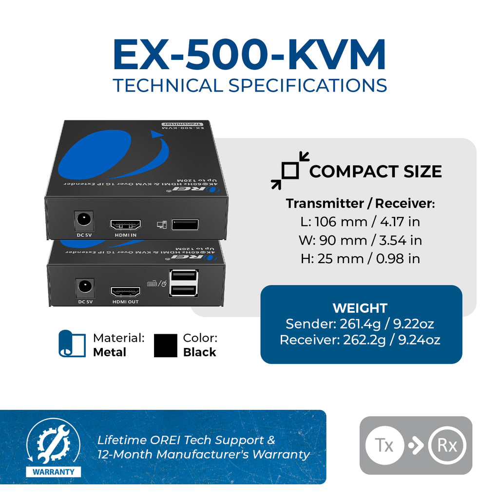 4K HDMI™ Extender (Over 1G IP, KVM) - 500ft (Cat6) (EX-500-KVM)