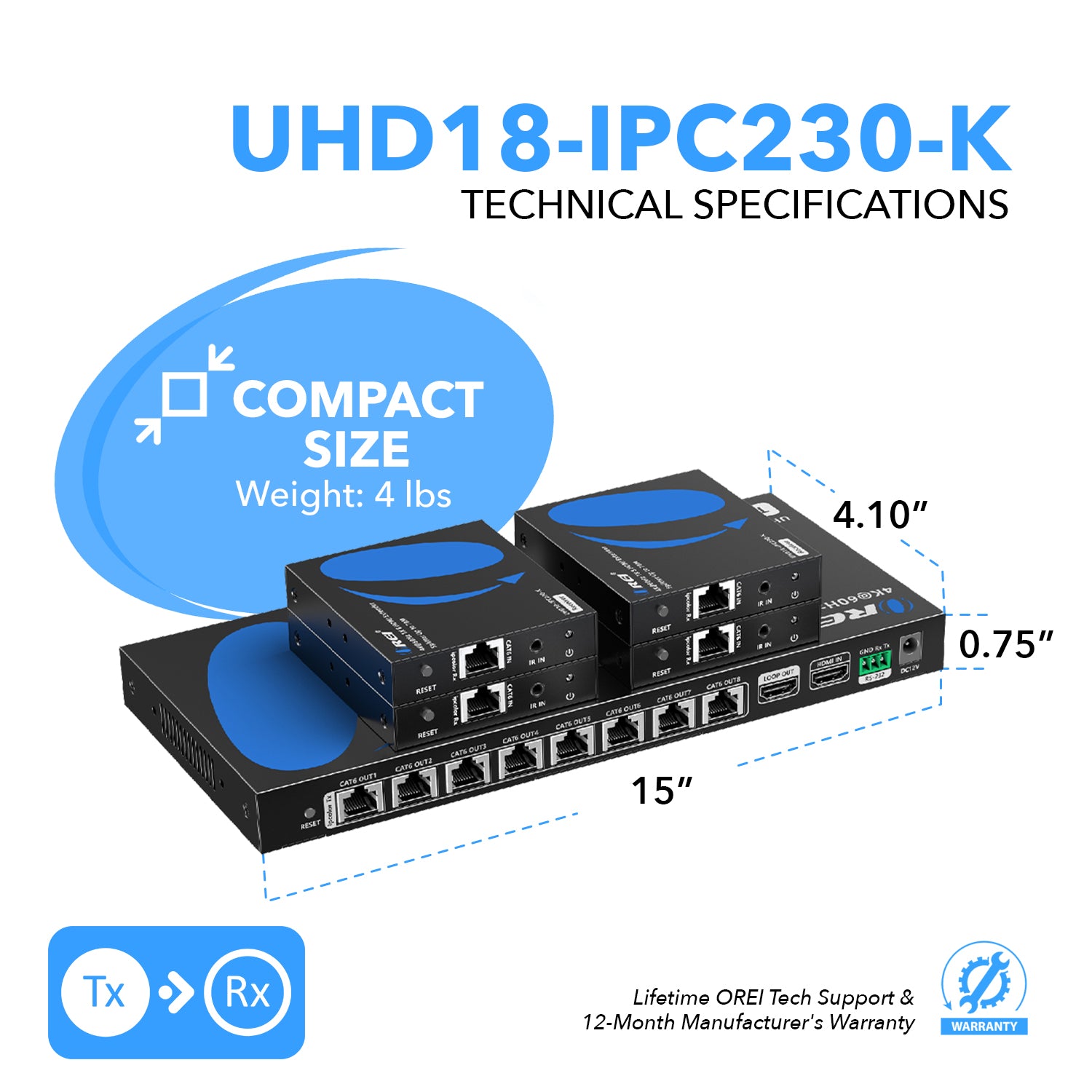 4K@60hz 1x8 HDMI™ Extender Splitter (Loop) - 230ft (cat6)-UHD18