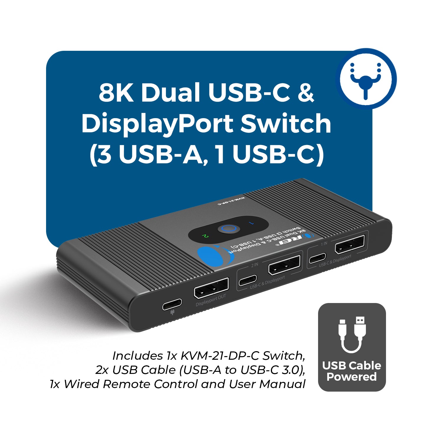 8K Dual USB-C & DisplayPort Switch (3 USB-A, 1 USB-C) (KVM-21-DP-C