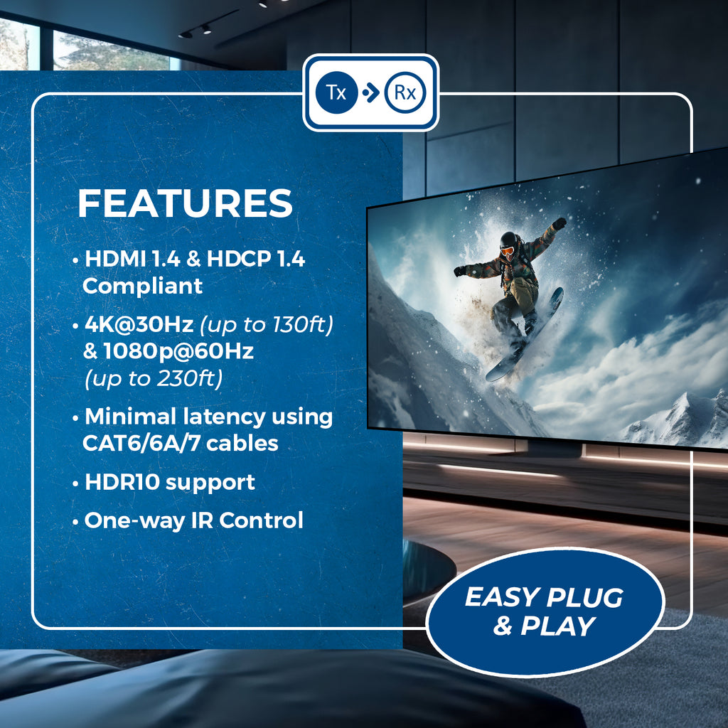 4K@30hz HDMI™ Extender (IR) - 130ft (cat6)-EX-230PRO